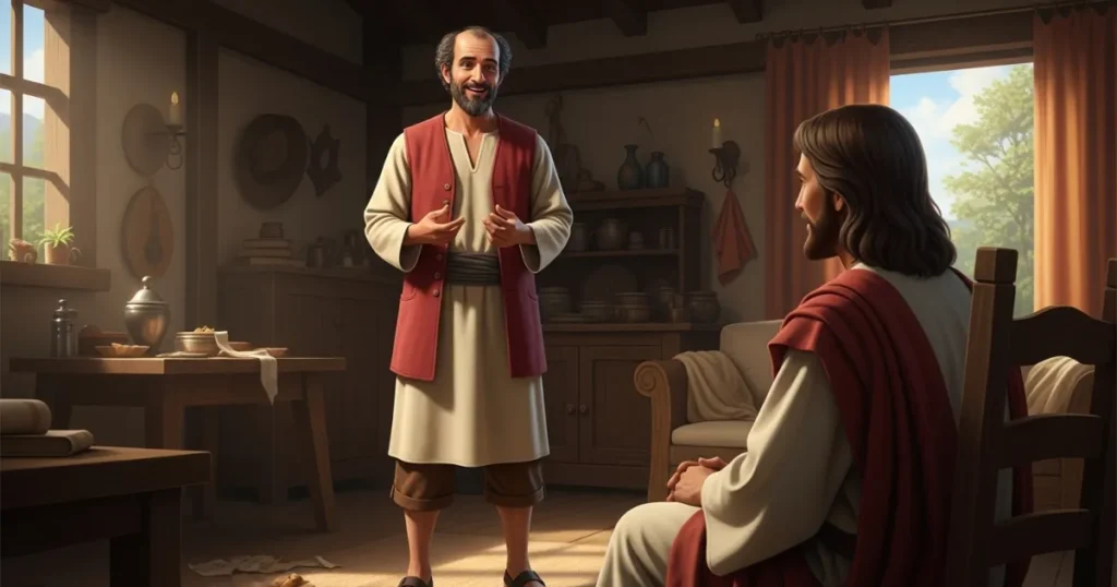 Na sua casa, Zaqueu declara a Jesus sua decisão de mudar de vida, com um olhar de sinceridade e Jesus o observando com aprovação