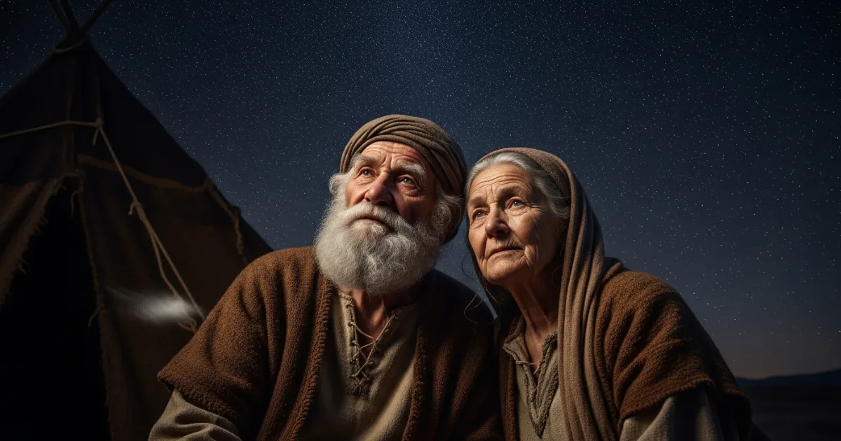 Abraão e Sara idosos olhando para o céu estrelado, representando a promessa divina de uma grande descendência. Abraão A Promessa