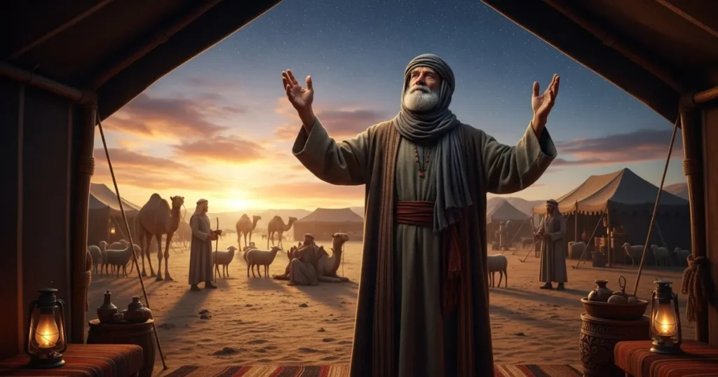 Homem idoso de aparência bíblica orando com os braços erguidos diante de sua tenda ao pôr do sol, cercado por camelos, ovelhas e servos em um acampamento no deserto.