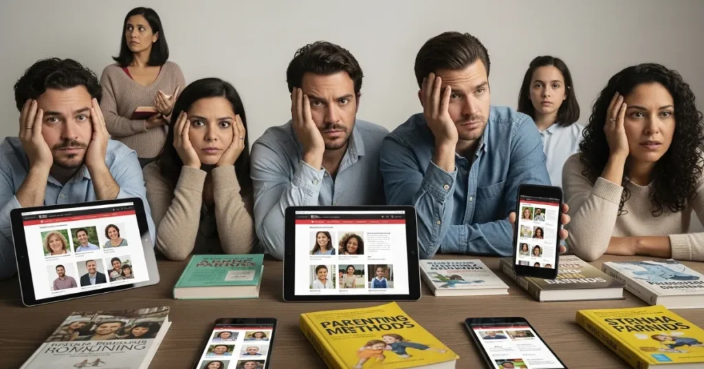 Grupo de pais frustrados olhando para frente com expressão cansada, rodeados por livros e dispositivos sobre criação de filhos