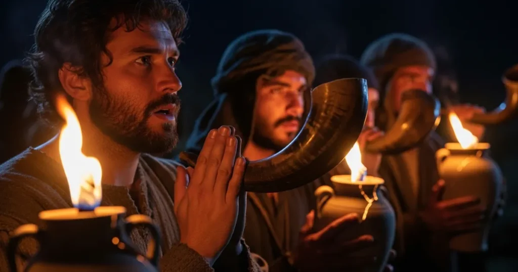 Gideão e seus soldados segurando tochas e trombetas, prontos para o ataque noturno, representando fé e coragem diante do impossível.