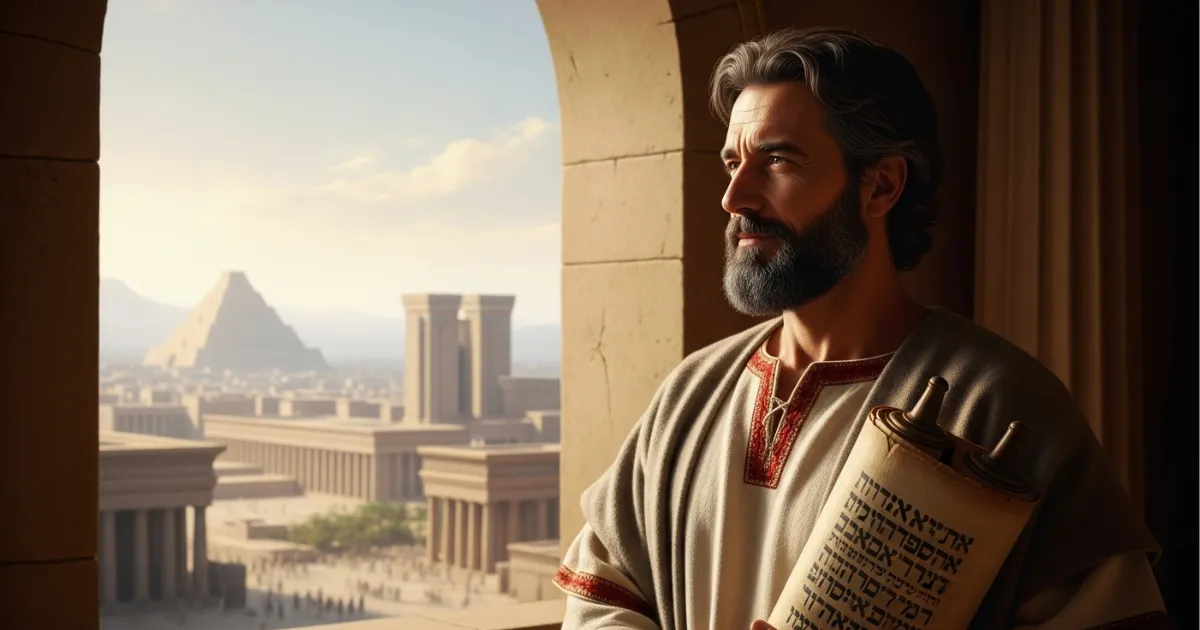 Homem com expressão serena segurando um rolo de pergaminho, olhando pela janela de um palácio com a cidade da Babilônia ao fundo.
