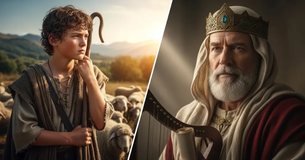 Montagem realista de Davi, da infância como pastor em Belém até se tornar o rei de Israel