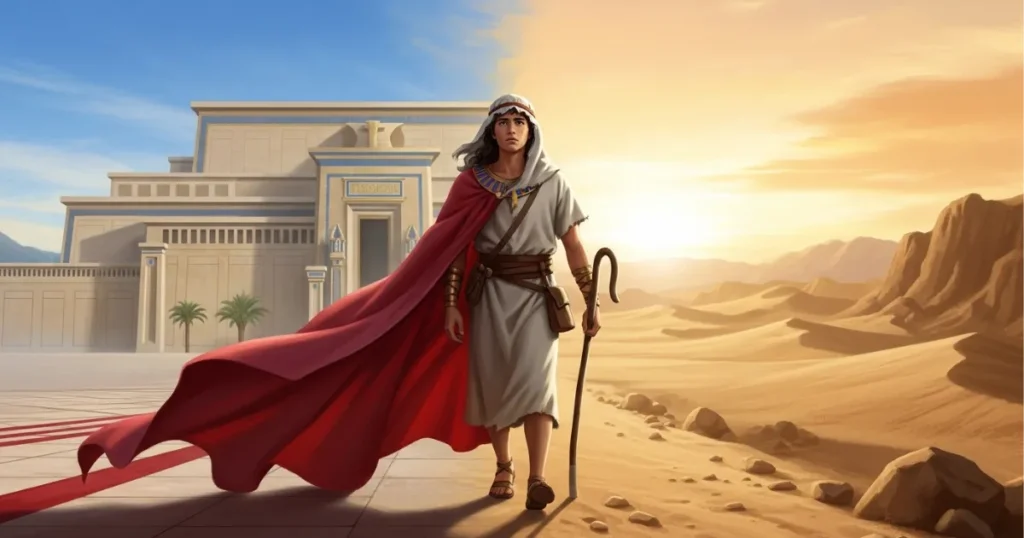 Moisés deixando a vida no palácio egípcio para viver 40 anos de preparação no deserto, mostrando o chamado de Deus do conforto para o propósito