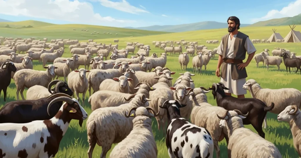 Jacó supervisionando seu rebanho próspero de ovelhas e cabras manchadas, um testemunho da bênção de Deus após anos de trabalho árduo