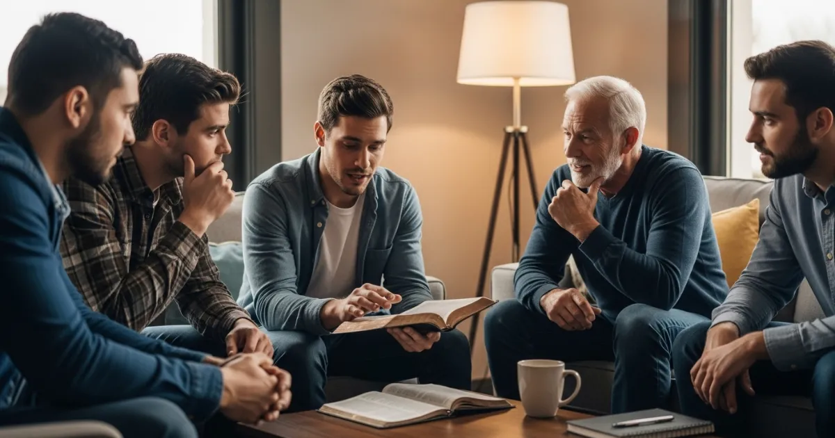 Grupo de homens reunidos em uma sala de estar, participando de um estudo bíblico e momento de Discipulado Masculino, com Bíblias abertas e clima de comunhão.