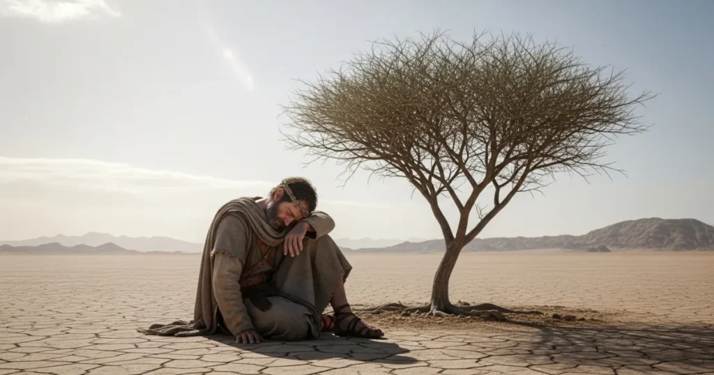 Profeta Elias sentado no chão de um deserto seco, encostado em uma pequena árvore, com expressão de cansaço e tristeza, simbolizando o momento de desânimo em sua jornada.