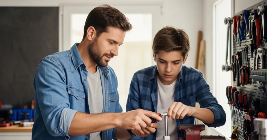 Ensine Sem Falar Muito Pai ensinando habilidades manuais ao filho adolescente em oficina com ferramentas