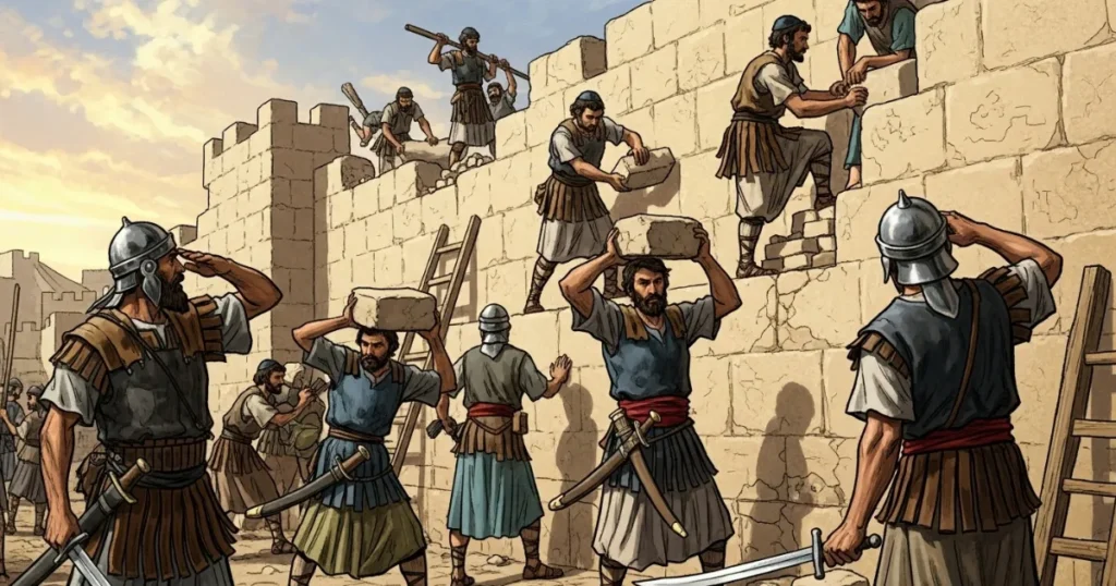 Fé em Ação Homens reconstruindo os muros de Jerusalém com espadas na cintura e pedras nas mãos, sob a liderança de Neemias