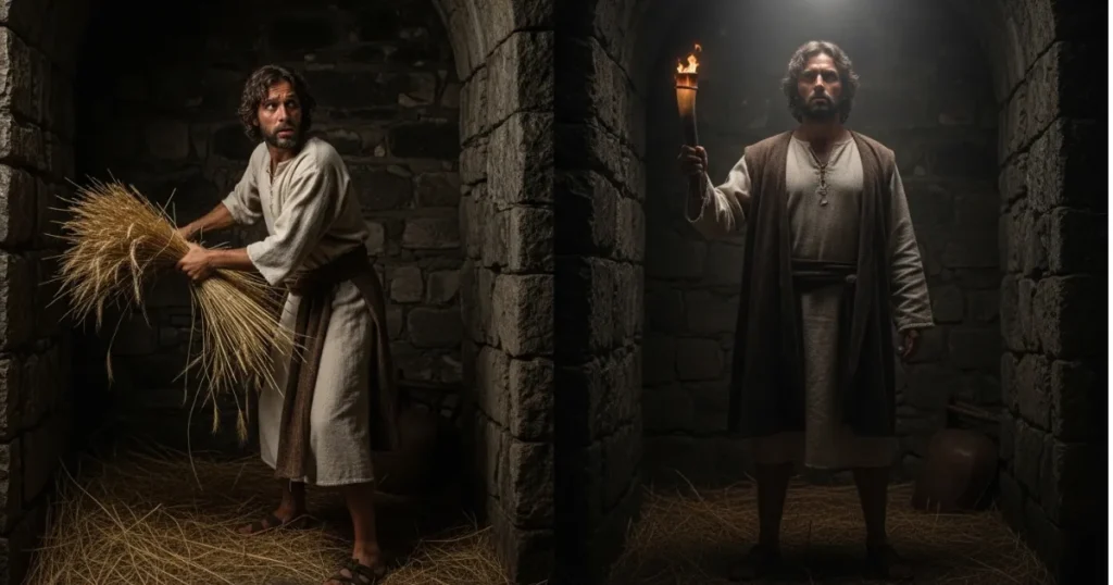 Representação realista da transformação de Gideão: de agricultor com medo a guerreiro corajoso inspirado por Deus