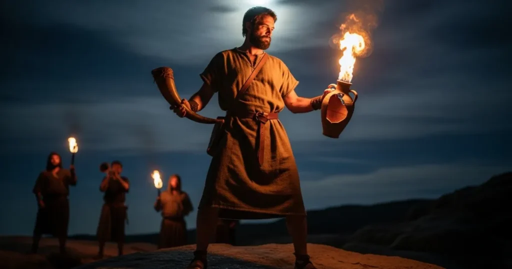 Gideão empunhando uma tocha acesa e um chifre de carneiro ao lado de seus guerreiros, prontos para surpreender os midianitas à noite, com fé e coragem.