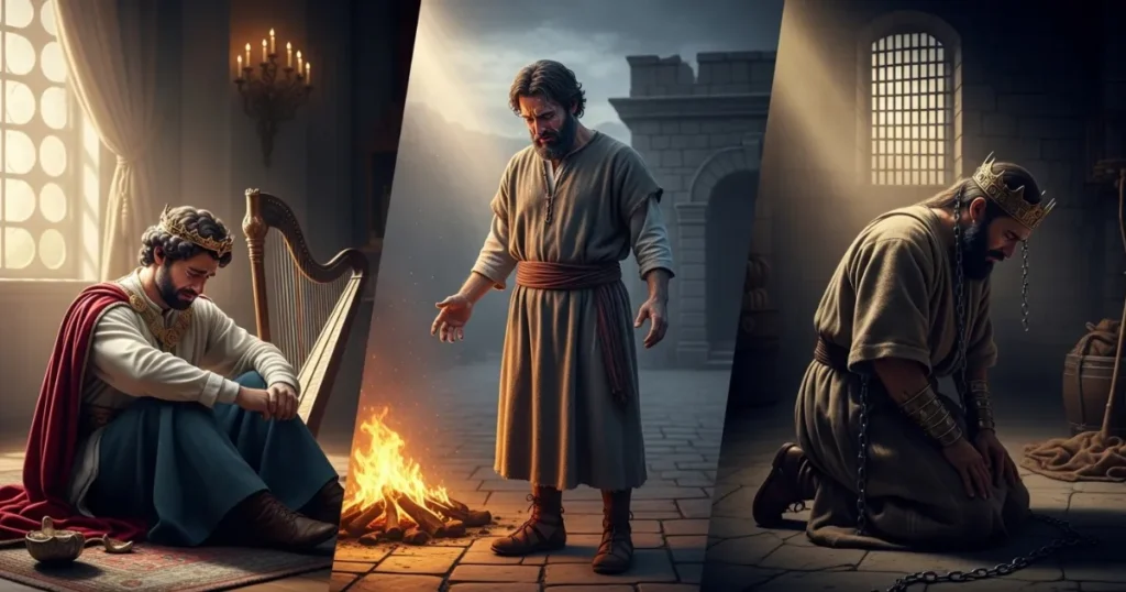 Três cenas emocionantes da vida do rei Davi: jovem tocando harpa com tristeza no palácio, Davi arrependido diante do fogo, e Davi mais velho, de joelhos e acorrentado, orando em arrependimento. Homens da Bíblia