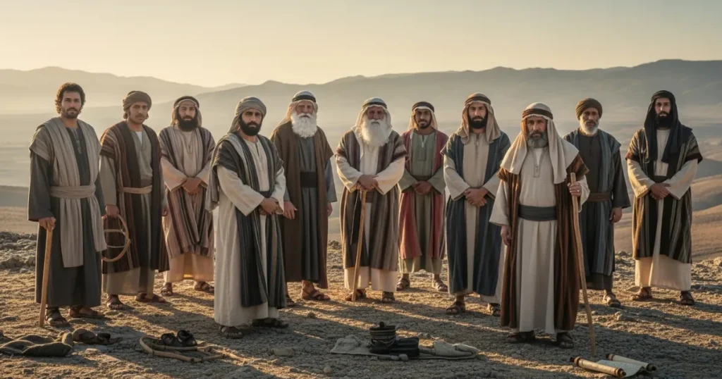 Os doze apóstolos de Jesus reunidos em pé sobre uma colina desértica, vestindo mantos tradicionais e olhando com firmeza e propósito. Homens de Deus