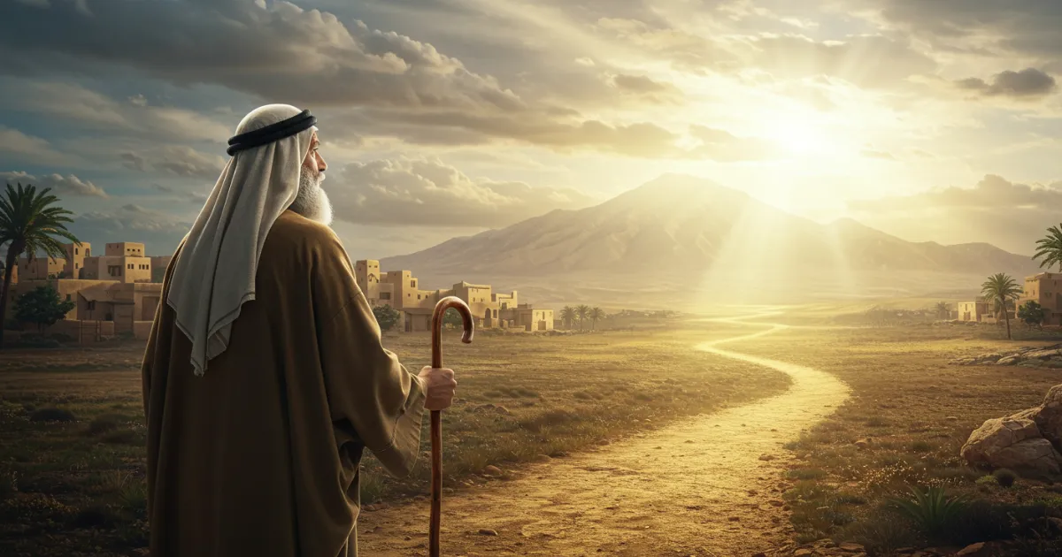 Homens de Deus com vestes antigas e cajado olhando para um caminho iluminado pelo sol, diante de uma vila no deserto, representando Noé recebendo o chamado de Deus antes de construir a arca.