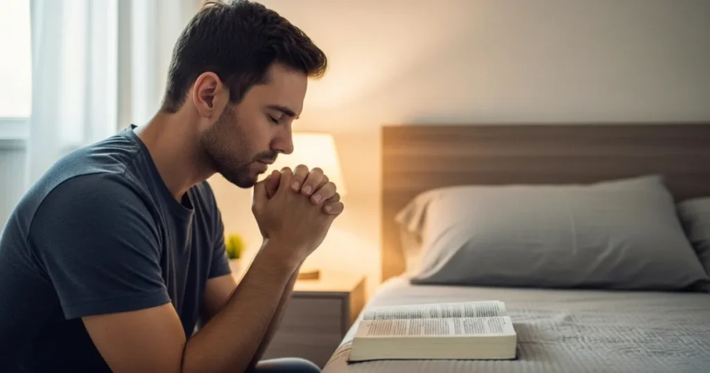 Homens de Fé orando de joelhos ao lado da cama com Bíblia aberta em ambiente tranquilo