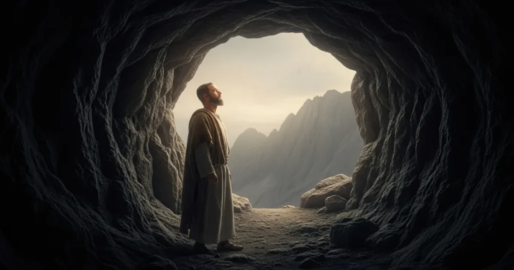 Profeta Elias de pé na entrada de uma caverna, olhando para fora em silêncio e reverência, simbolizando o momento em que ouve a voz mansa e suave de Deus no monte Horebe.
