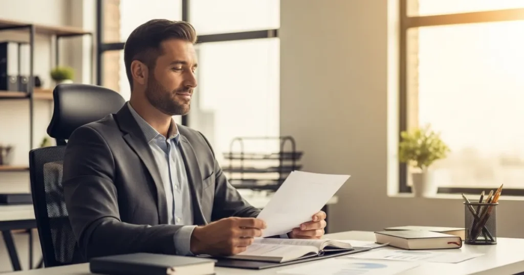 Integridade Cristã Homem de negócios lendo documentos em escritório moderno com luz natural ao fundo