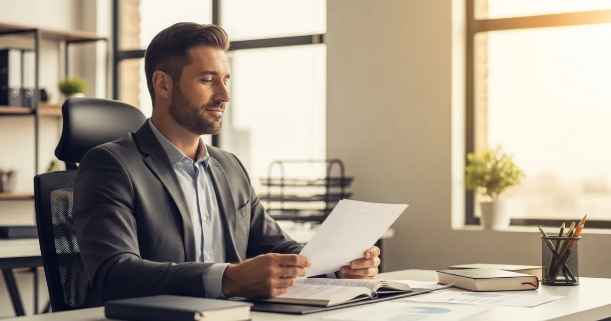 Integridade Cristã Homem de negócios lendo documentos em escritório moderno com luz natural ao fundo