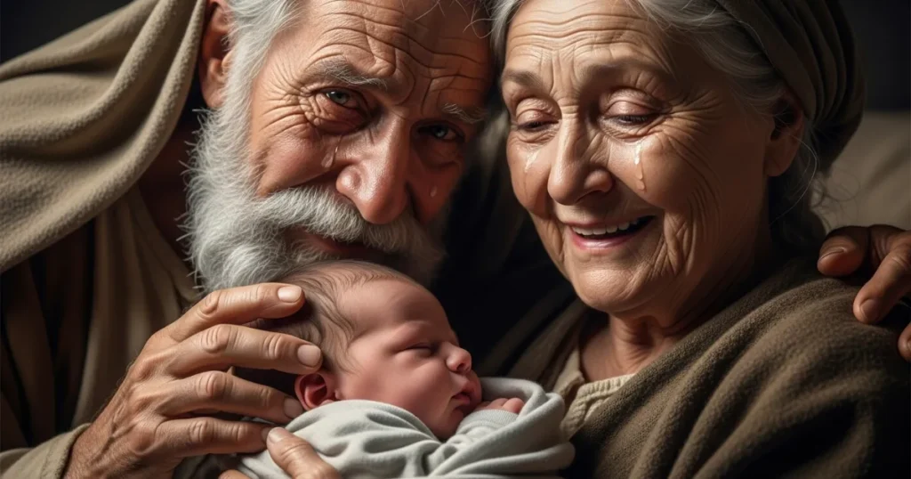 Abraão e Sara emocionados, com lágrimas nos olhos, segurando seu filho recém-nascido Isaque, símbolo do cumprimento da promessa divina após anos de espera.