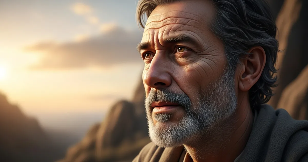 Jacó para Israel Retrato fotorrealista de Jacó já idoso, após ser transformado por Deus em Israel; seu olhar transmite sabedoria, arrependimento e paz interior ao entardecer nas montanhas.