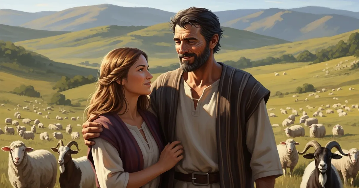 Jacó e Raquel juntos em um campo com rebanhos, simbolizando 20 anos de trabalho por amor e pela família, abençoados por Deus