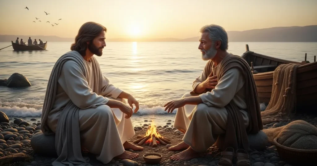 Jesus conversa com Pedro à beira do mar ao amanhecer, sentado diante de uma fogueira, em um momento de perdão e restauração.