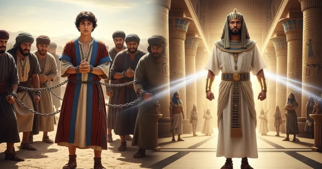 Imagem fotorrealista de José do Egito: à esquerda, José jovem sendo vendido por seus irmãos com correntes; à direita, José adulto como governador do Egito, em vestes reais, iluminado pela providência divina.