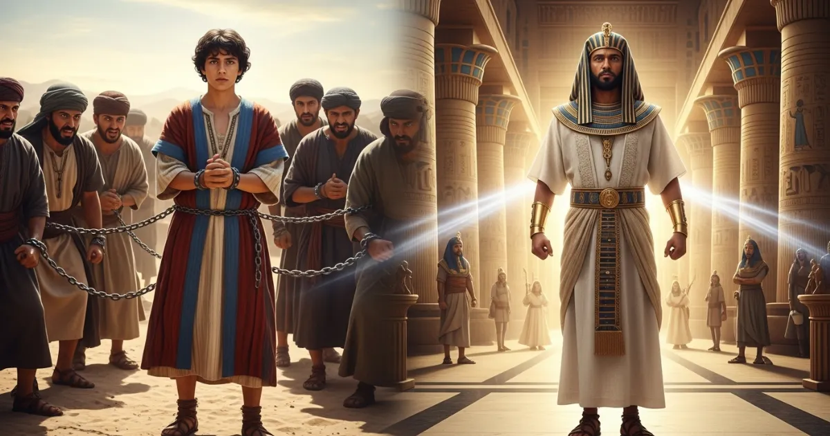 Imagem fotorrealista de José do Egito: à esquerda, José jovem sendo vendido por seus irmãos com correntes; à direita, José adulto como governador do Egito, em vestes reais, iluminado pela providência divina.