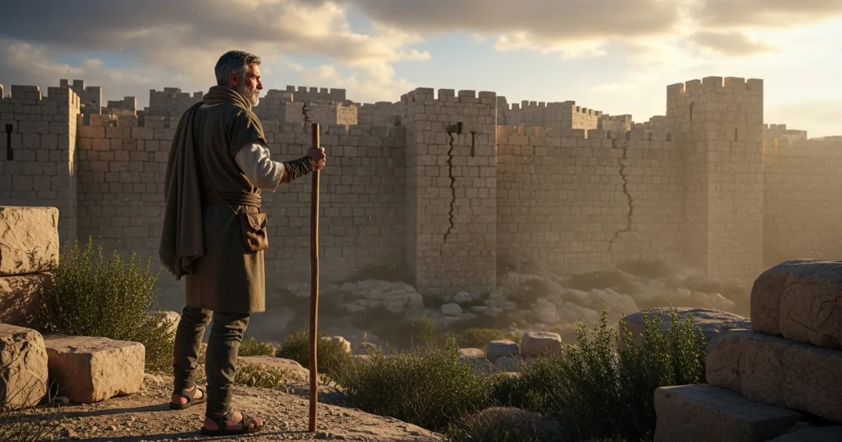 Homem bíblico observando muralhas rachadas ao entardecer, simbolizando o momento antes da queda de Jericó. Josué Como Conquistar Territórios