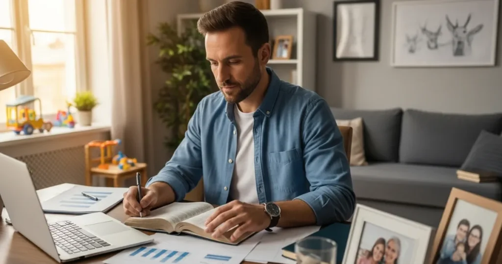 Homem estudando a Bíblia e anotando em um caderno em sua mesa de trabalho, com laptop, gráficos e fotos de família ao fundo, em um ambiente doméstico acolhedor.