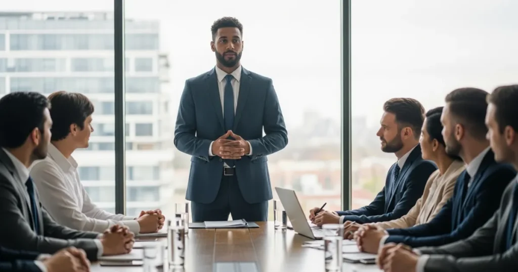 Líder em reunião corporativa apresentando ideias a uma equipe de executivos em sala de conferência moderna