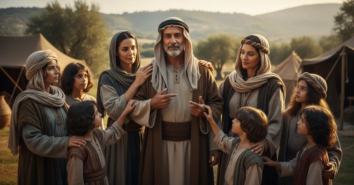 Retrato de Noé com sua esposa, filhos e noras diante de tendas no acampamento, antes do dilúvio. Liderança Masculina