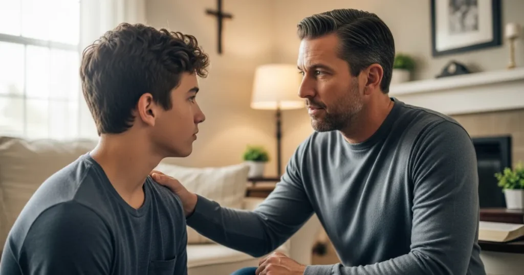 Pai cristão conversando seriamente com seu filho adolescente dentro de casa, com uma cruz ao fundo