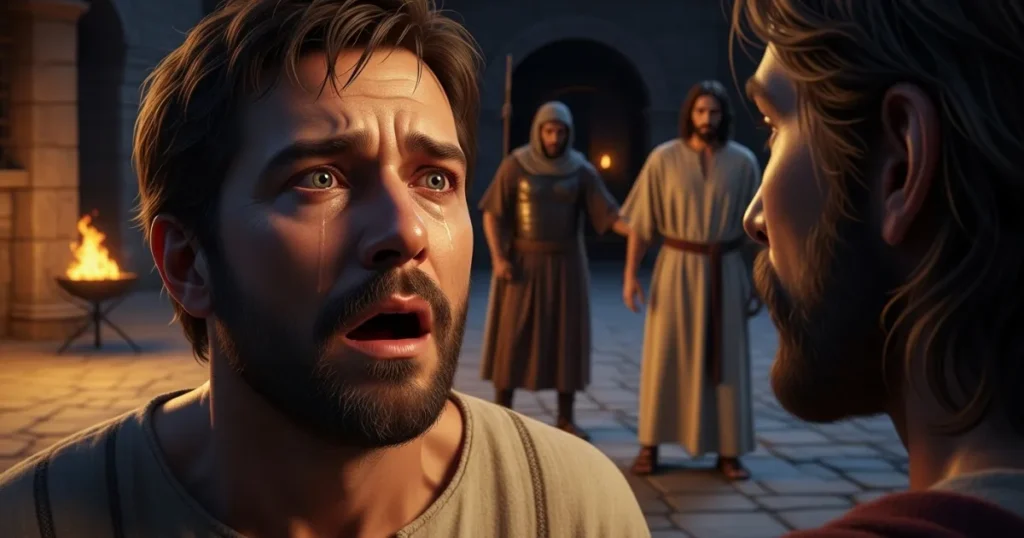Pedro com lágrimas nos olhos após negar Jesus, olhando com angústia para Cristo enquanto soldados observam ao fundo em um pátio com fogo aceso.