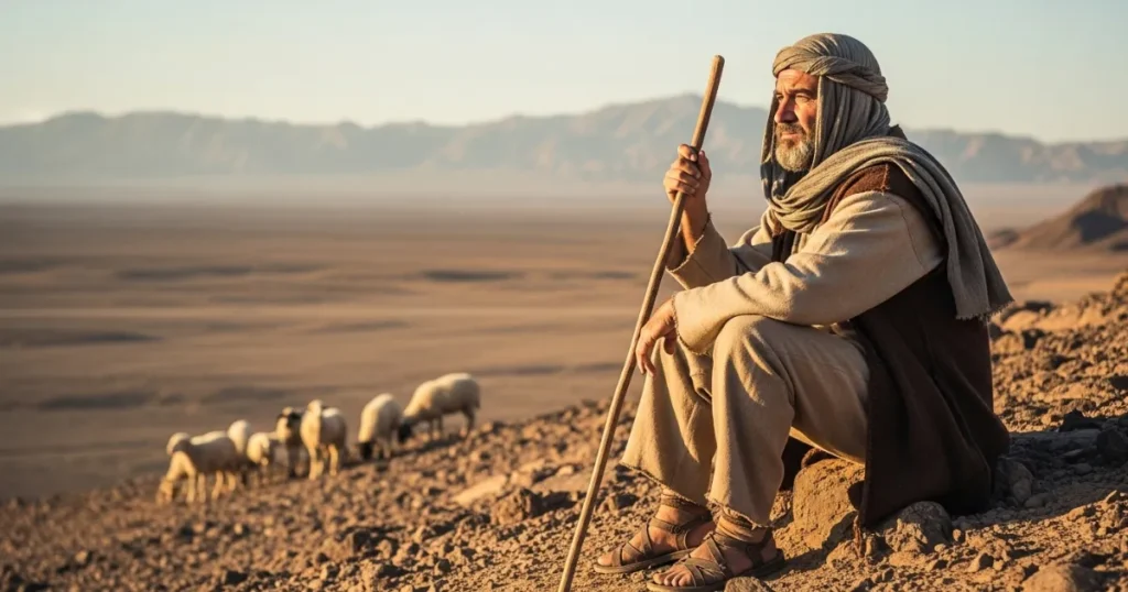 Moisés 40 Anos no deserto como pastor de ovelhas, simbolizando o período de preparação de Deus antes do chamado para libertar Israel