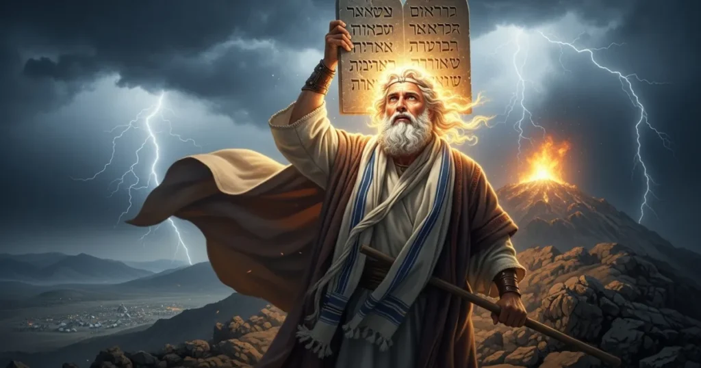 Moisés com os Dez Mandamentos erguidos, relâmpagos ao fundo, monte em erupção e povo de Israel acampado no deserto.