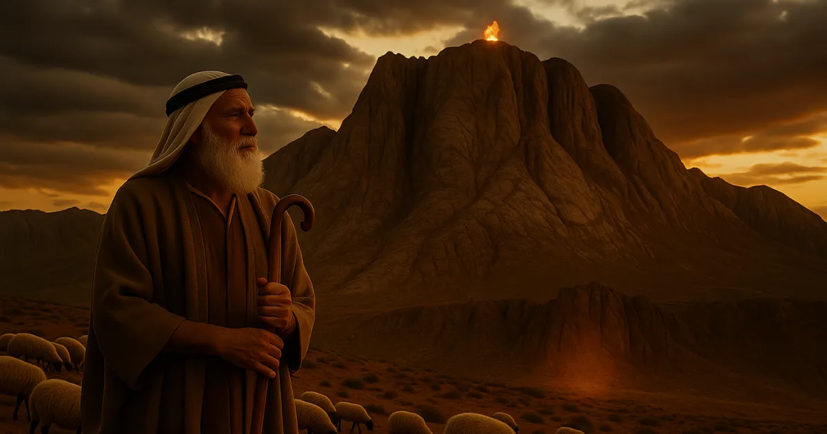 Pastor idoso com cajado observa o Monte Sinai ao pôr do sol, onde uma chama divina brilha no topo da montanha simbolizando o chamado de Deus a Moisés.