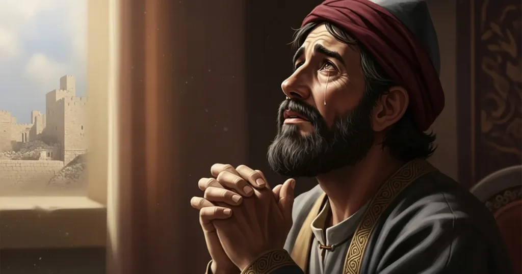 Neemias reconstruindo os muros. Neemias chorando em oração ao olhar para as ruínas de Jerusalém pela janela