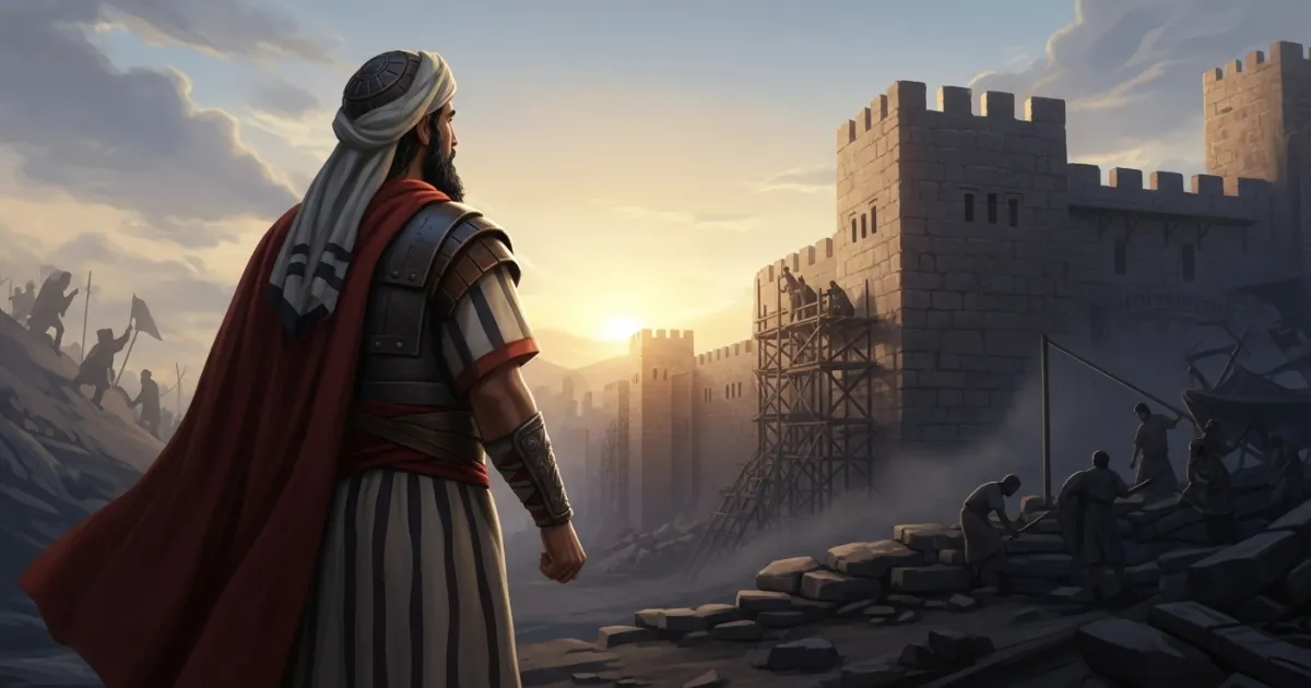 Neemias observando a reconstrução dos muros de Jerusalém ao nascer do sol