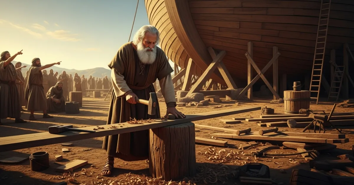 Noé construindo a arca com dedicação, enquanto é ridicularizado pelas pessoas ao fundo.