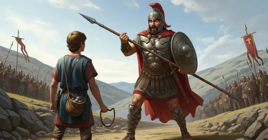 Davi jovem com funda em mãos enfrentando o gigante Golias armado com lança e escudo, em campo de batalha diante de dois exércitos.