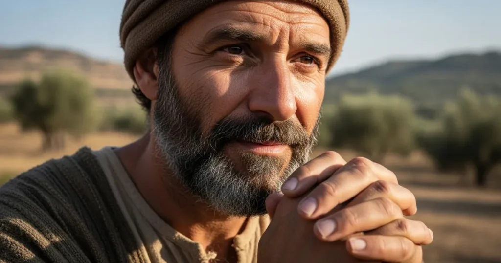 Homem com expressão serena e mãos entrelaçadas em oração, em meio à paisagem natural. Noé como obedecer a Deus