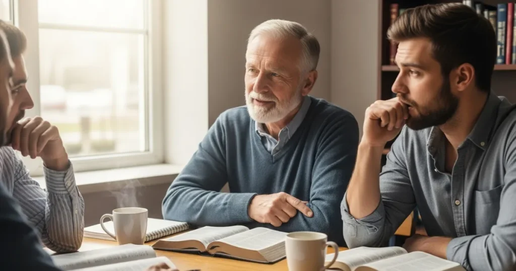 Homem mais velho ensina a Bíblia a dois homens jovens em uma mesa com café e cadernos, em um ambiente iluminado e acolhedor, representando discipulado cristão.
