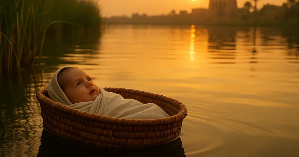 Bebê hebreu envolto em panos dentro de um cesto flutuando suavemente no rio Nilo ao nascer do sol, com vegetação e arquitetura egípcia ao fundo.