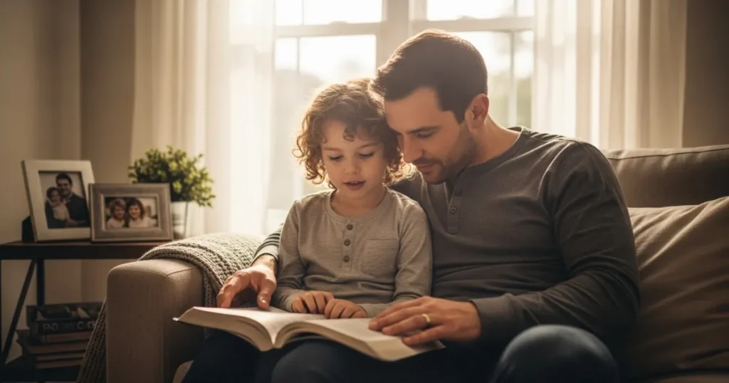Paternidade Bíblica Pai lendo a Bíblia com sua filha pequena no sofá, ensinando valores cristãos com amor e atenção