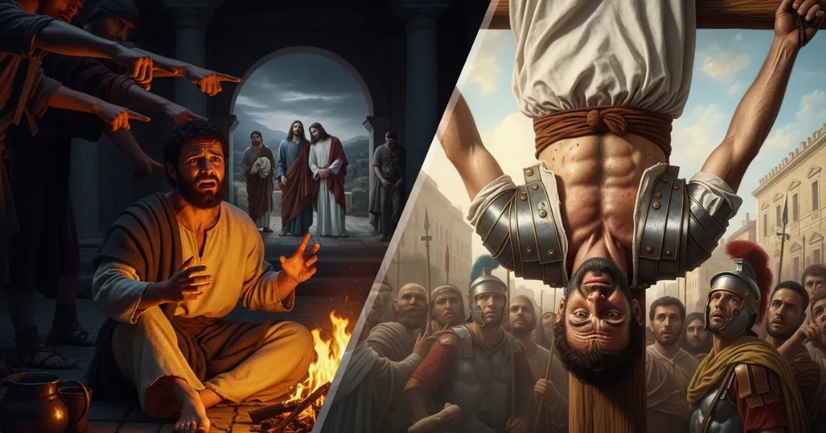 Representação fotorealista do apóstolo Pedro: à esquerda, negando Jesus ao redor de uma fogueira; à direita, seu martírio em uma cruz invertida diante de soldados romanos.