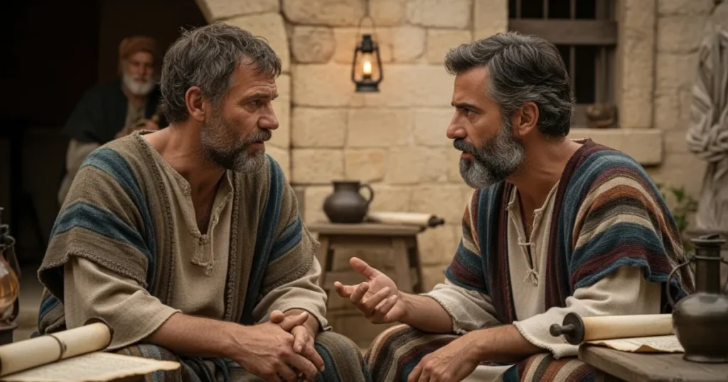 Dois homens com vestes bíblicas conversando intensamente à mesa, cercados por pergaminhos e objetos antigos em um ambiente de vila histórica.