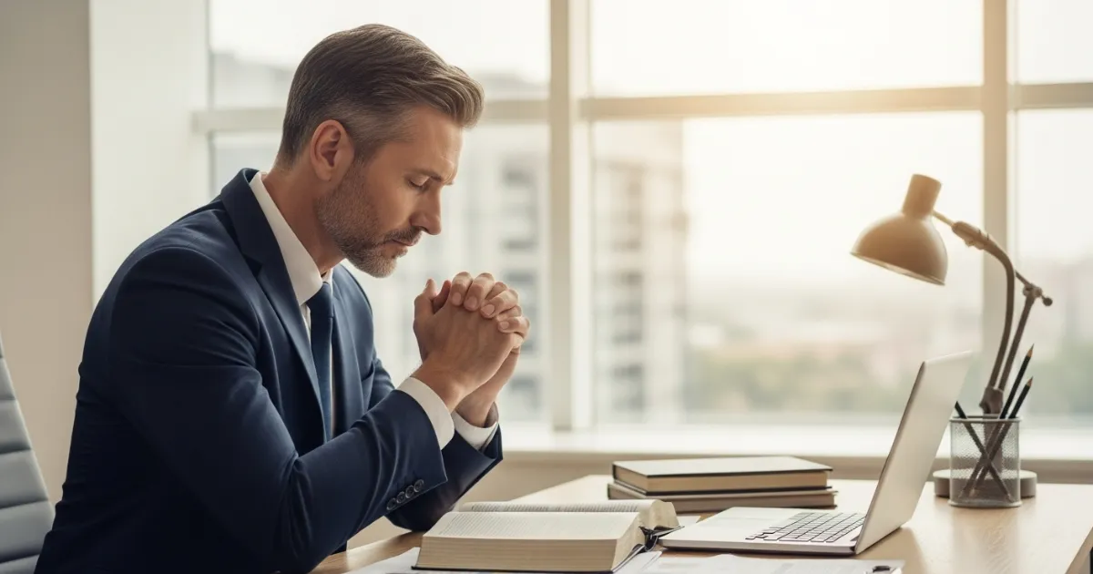 Líder cristão orando em escritório executivo, buscando sabedoria divina para liderança como Salomão