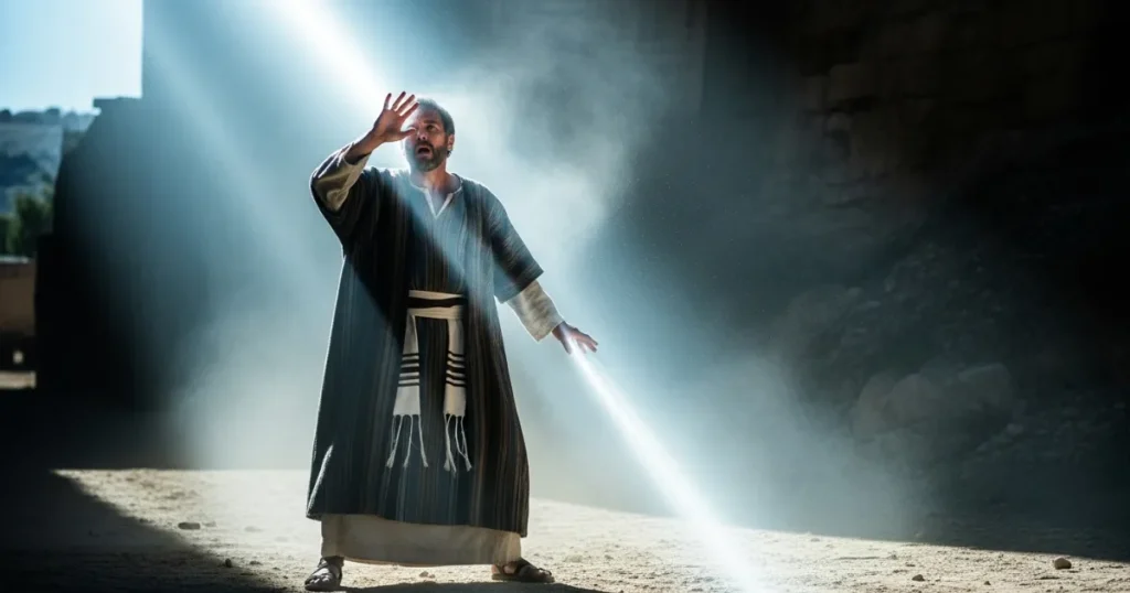 Saulo para Paulo Imagem fotorrealista de Saulo no caminho para Damasco, sendo envolvido por uma luz divina intensa, simbolizando o momento de sua conversão.