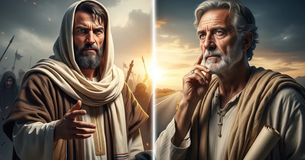 Transformação Mais Radical de Paulo: à esquerda, como Saulo, perseguidor severo dos cristãos; à direita, como o apóstolo Paulo, pensativo e guiado por Deus em sua missão.